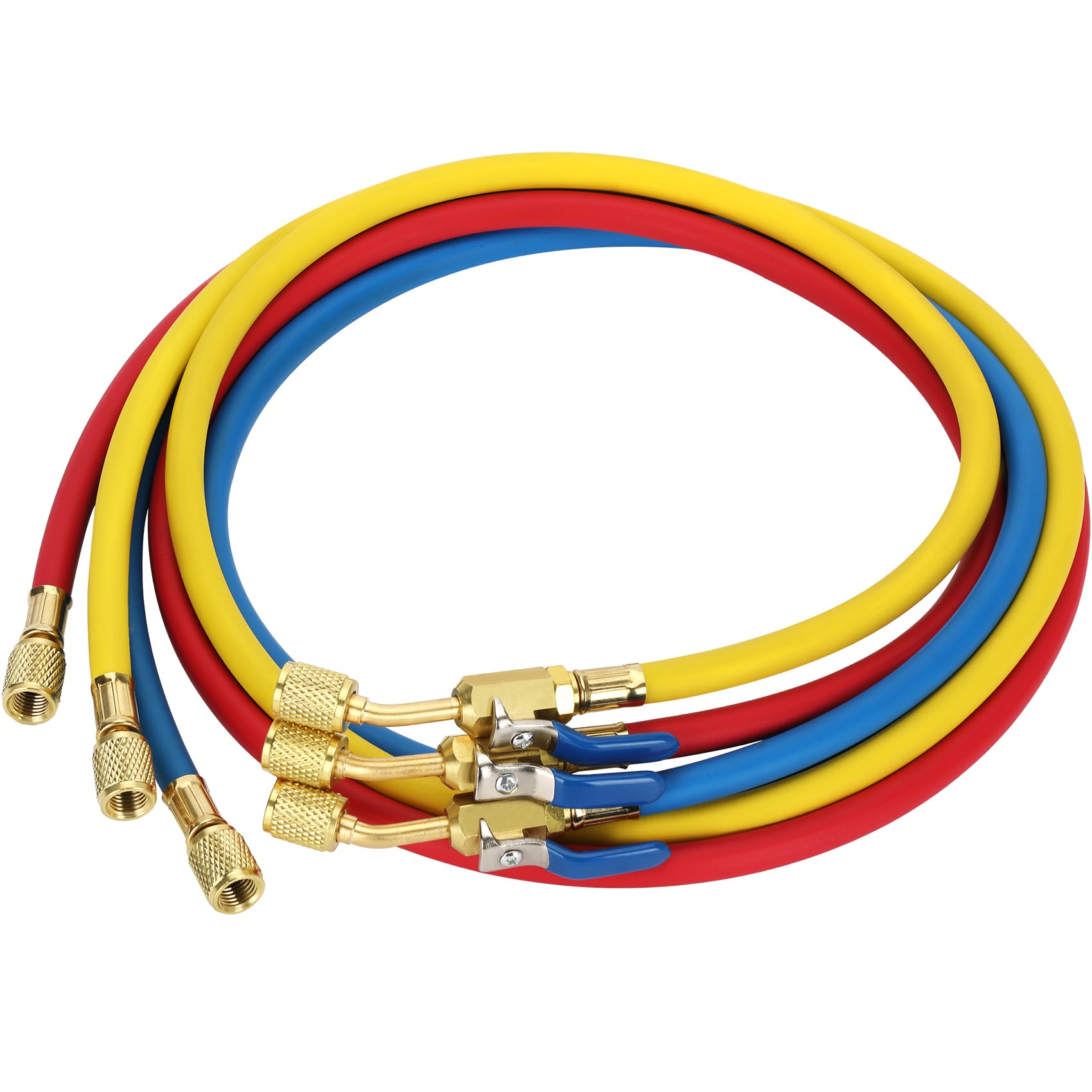 Photo 1 of 29985 1/4" HVAC Hose - 1/4" Refrigeration Hose with Compact Ball Valve, 4000 PSI, 60 Inch (5FT) Low Loss Refrigerant Hose for R410a, R134a, R22 - Red/Yellow/Blue (3 Pack)