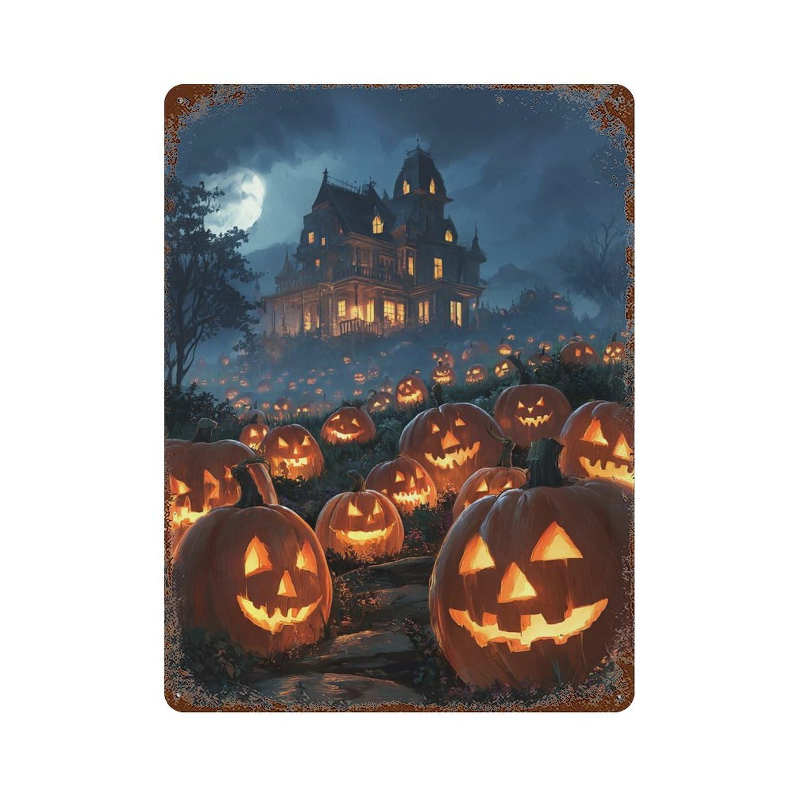 Halloween Haunted House Scene-4 Rust Effect Tin Sign 15.7"x11.8", Industrial Home Decor for Garage, Pub Or Kitchen