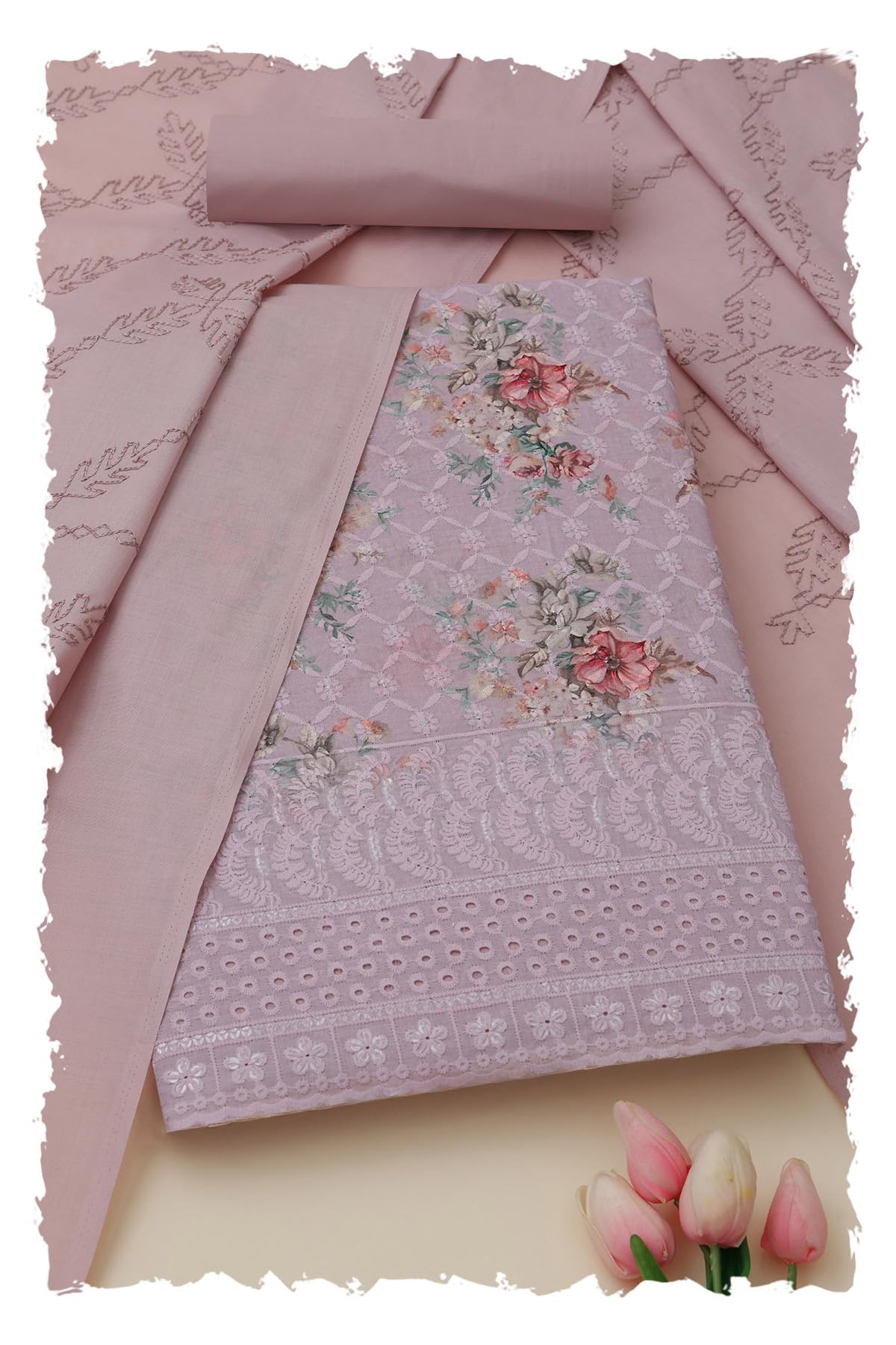 Womens Cotton Floral Print Unstitched Dress Material With Thread Work