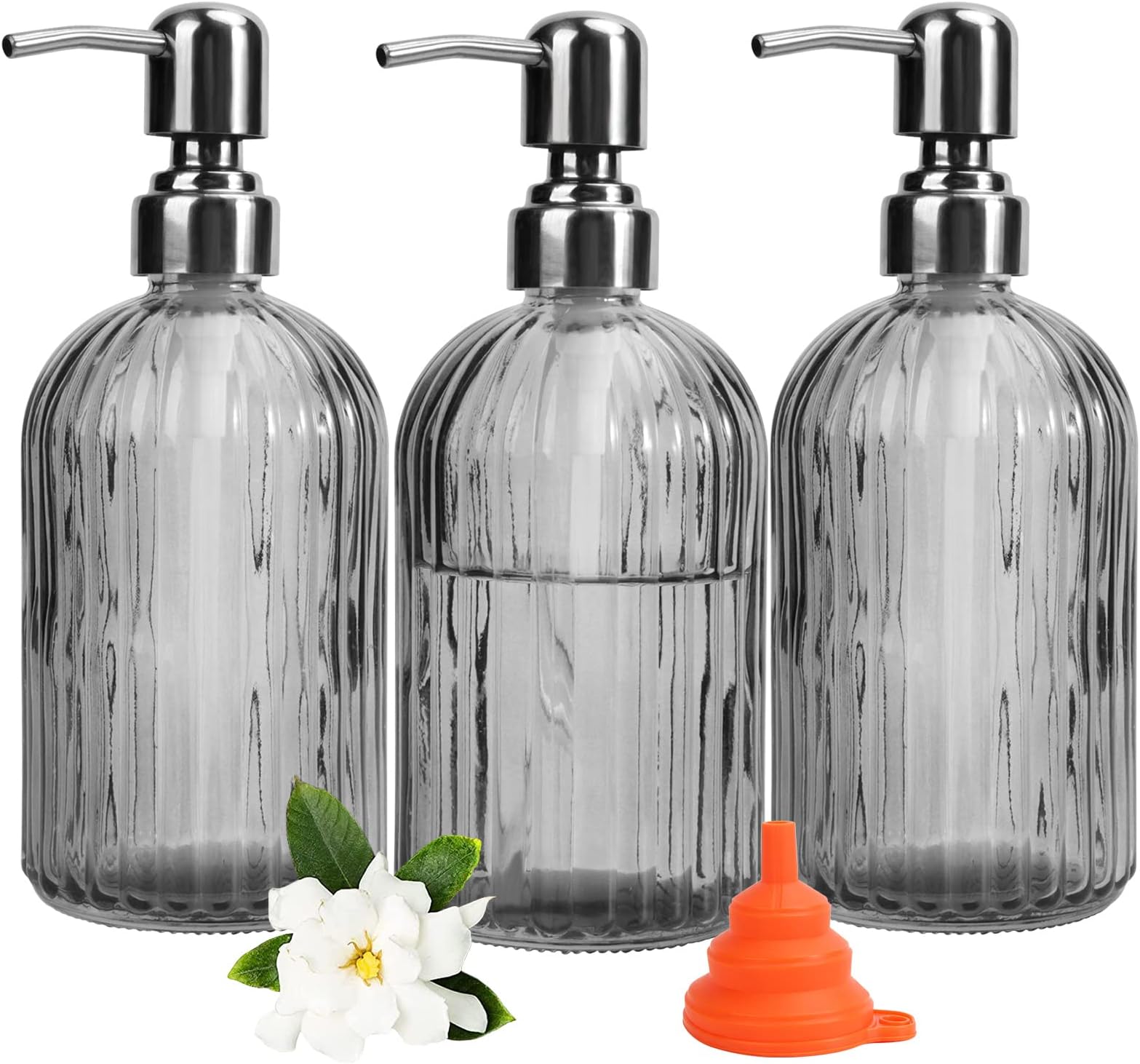 TAOUNOA 3Pcs Soap Dispenser, 13.5oz Glass Soap Dispenser with Black Rust Proof Stainless Steel Pump 400ml Hand Soap Dispenser Kitchen Bathroom Countertop Soap Dispensers for Shampoo Lotion, Grey