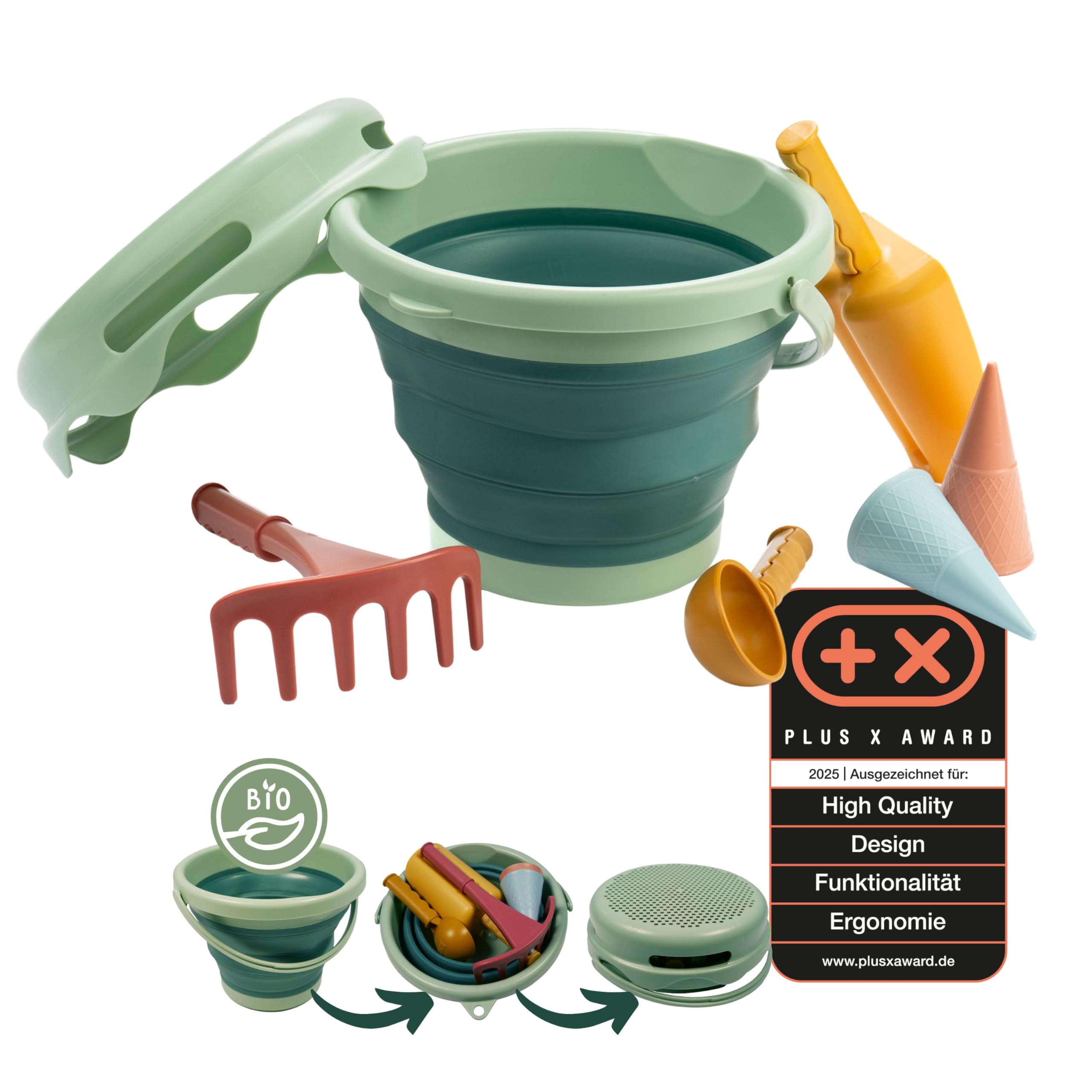 Schildkröt® 7-in-1 Sand Toy Set, Organic Quality, Innovative, Compact and Space-Saving, 3 Liter Collapsible Bucket with 6 Sand Toys, 970246