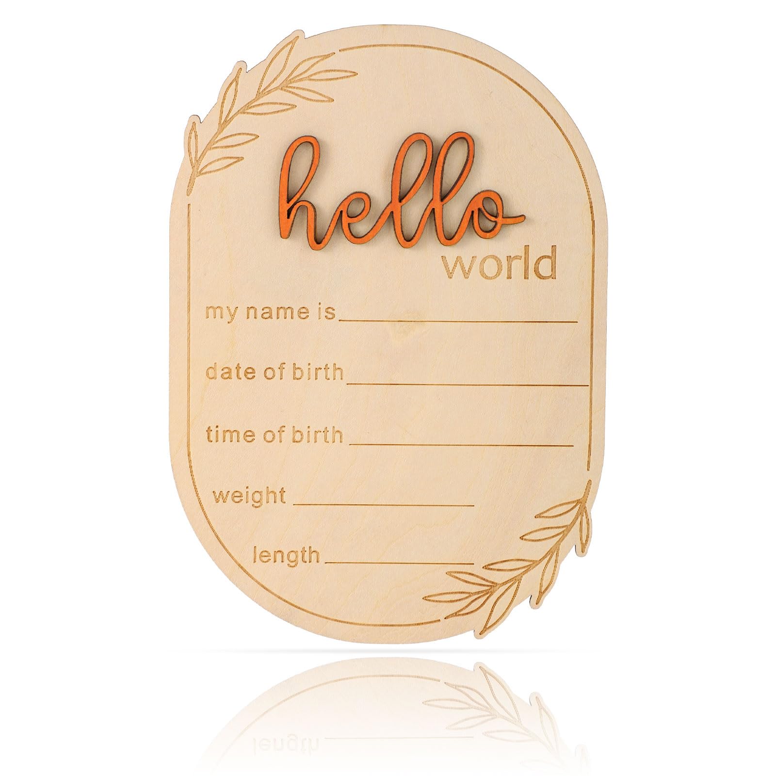 Baby Announcement Sign, Wooden Hello World Newborn Welcome Sign Name Plaque Personalized Birth Announcement Board for Hospital Photo Props Baby Shower Nursery Decor (Orange)