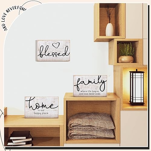 Miniatura 10 de Jetec 3 letreros de madera rústica con texto en inglés "Family Home Blessed", mini letrero decorativo de madera para decoración de mesa de granja