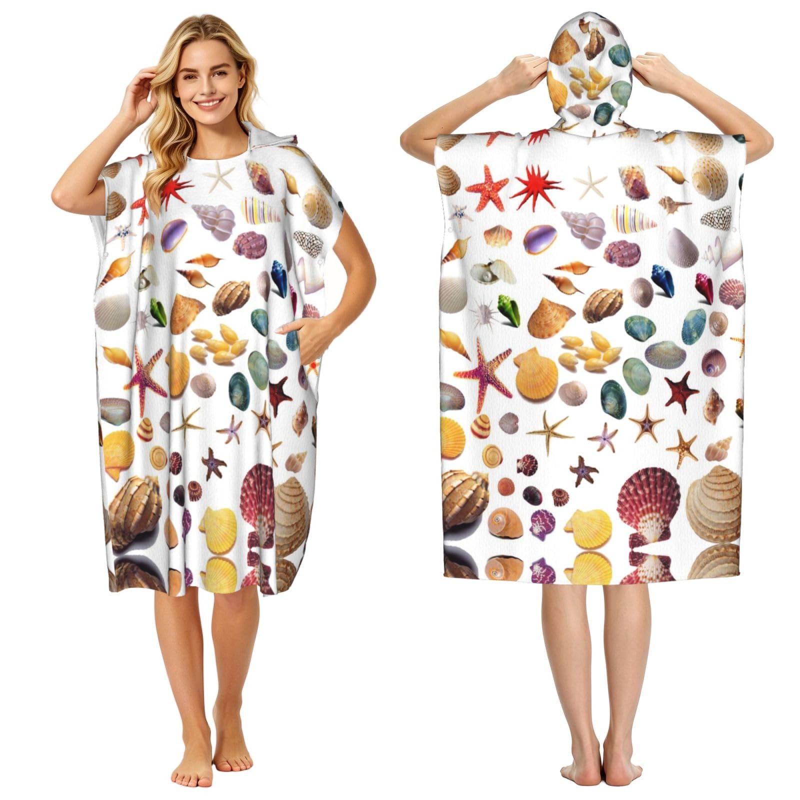 Peignoir à capuche pour piscine et vacances d'été motif coquillages