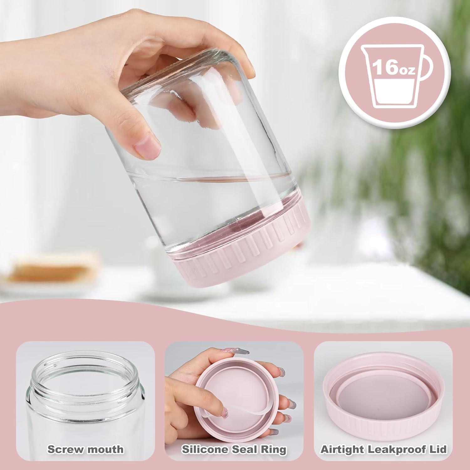 Overnight Oats Containers with Lids, 16oz Glass Jars with Lids 4 pcs, Pink, Wide Mouth Mason jars for Salad, Yogurt, Snacks, Meal Prep - Image 3