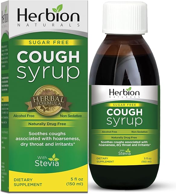 Herbion Naturals Sugar-Free Cough Syrup with Stevia, Helps Relieve Cough and Soothes Sore Throat, for Adults and Kids 6 Months and Above, 5 FL Oz