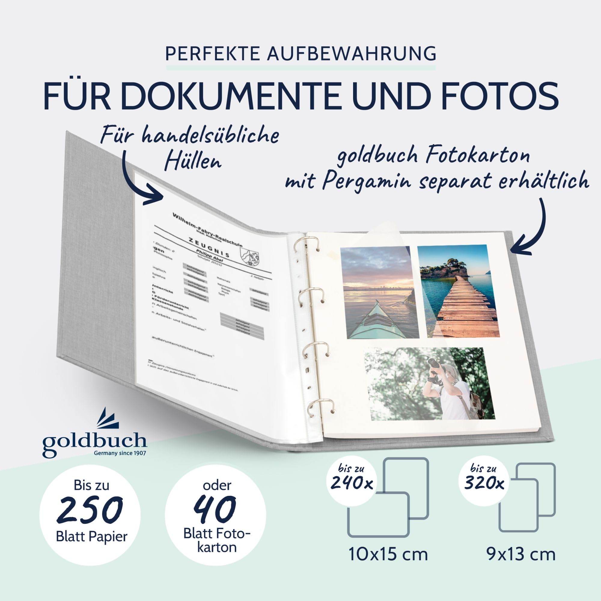 goldbuch 37919 Foto Ringbuch, Bella Vista, Foto Album 26 x 32 cm, Fotobuch Ordner aus Leinen, Fotoordner zum Selbstgestalten und Befüllen, Format DIN A4, ideal für Reise & Urlaub, Hellgrau
