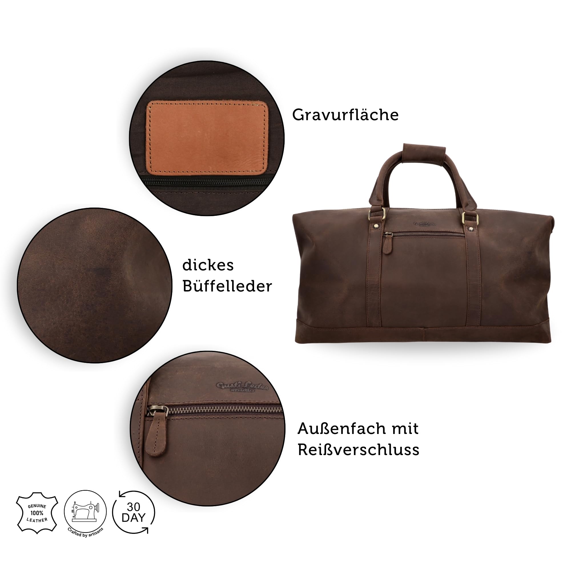 Gusti Leder Weekender Herren Ruben - Reisetasche Herren aus Echtleder in Braun - 36 L Vintage Sporttasche für Kurztrips & Wochenendausflüge