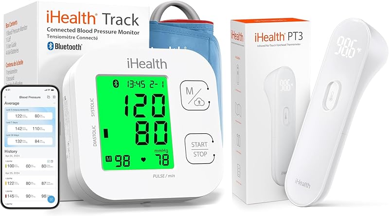 Kit de salud en el hogar iHealth: monitor inteligente de presión arterial para la parte superior del brazo + termómetro para la frente sin contacto