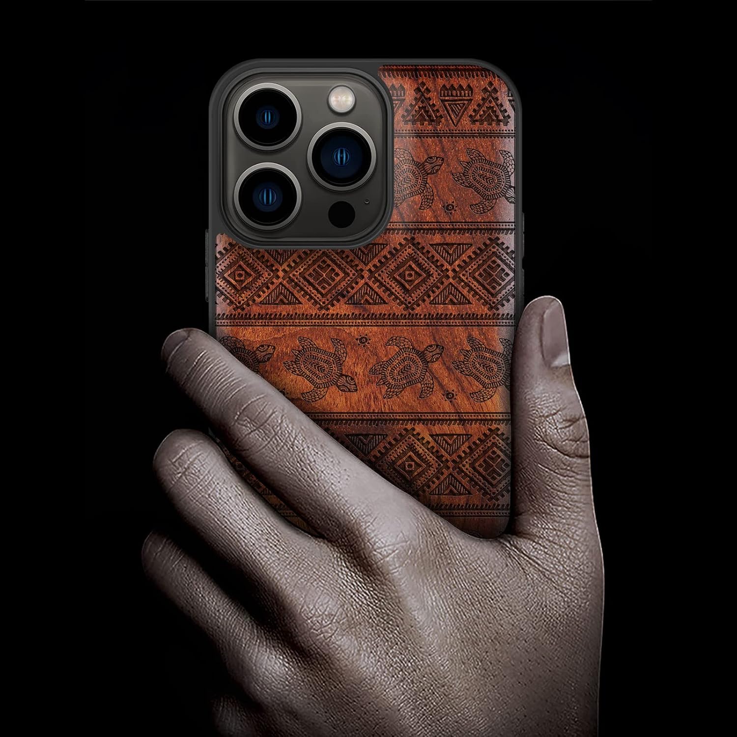 Carveit Magnetic Wood Case for iPhone 13 Pro Case [Natural Wood & Black Soft TPU] Unique & Classy Wooden Shockproof Protective Cover Compatible with magsafe (Sami Turtles -Rosy)