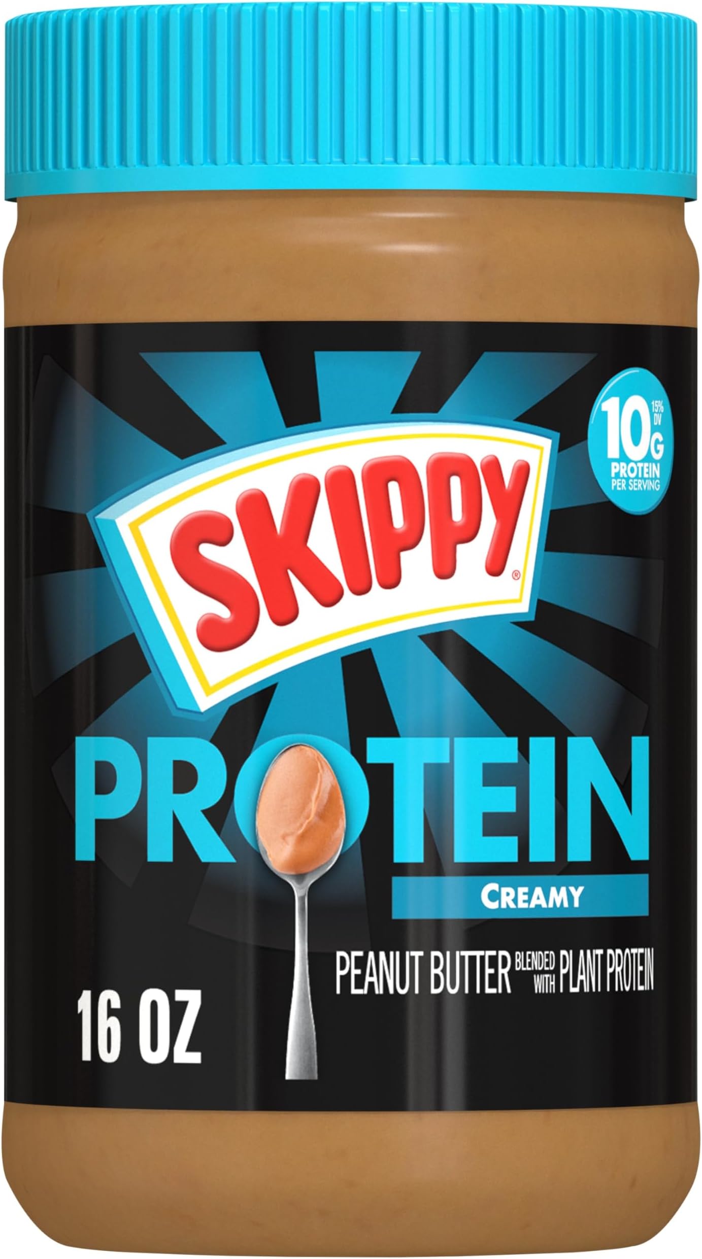 SKIPPY Creamy Peanut Butter Blended with Plant Protein, 16oz Plastic Jar, 12 Pack