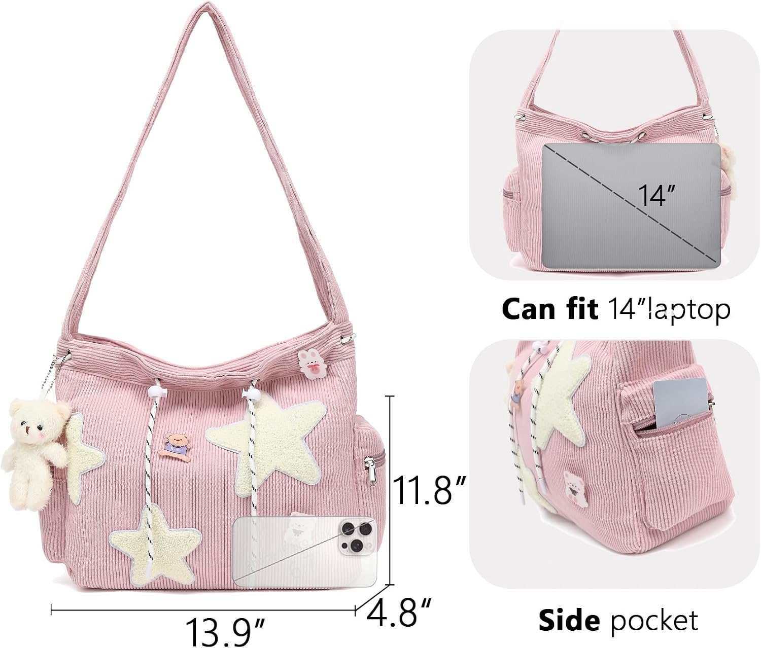 Cute Tote Bag for Women Teens, Kawaii Corduroy Star Crossbody Shoulder Purse