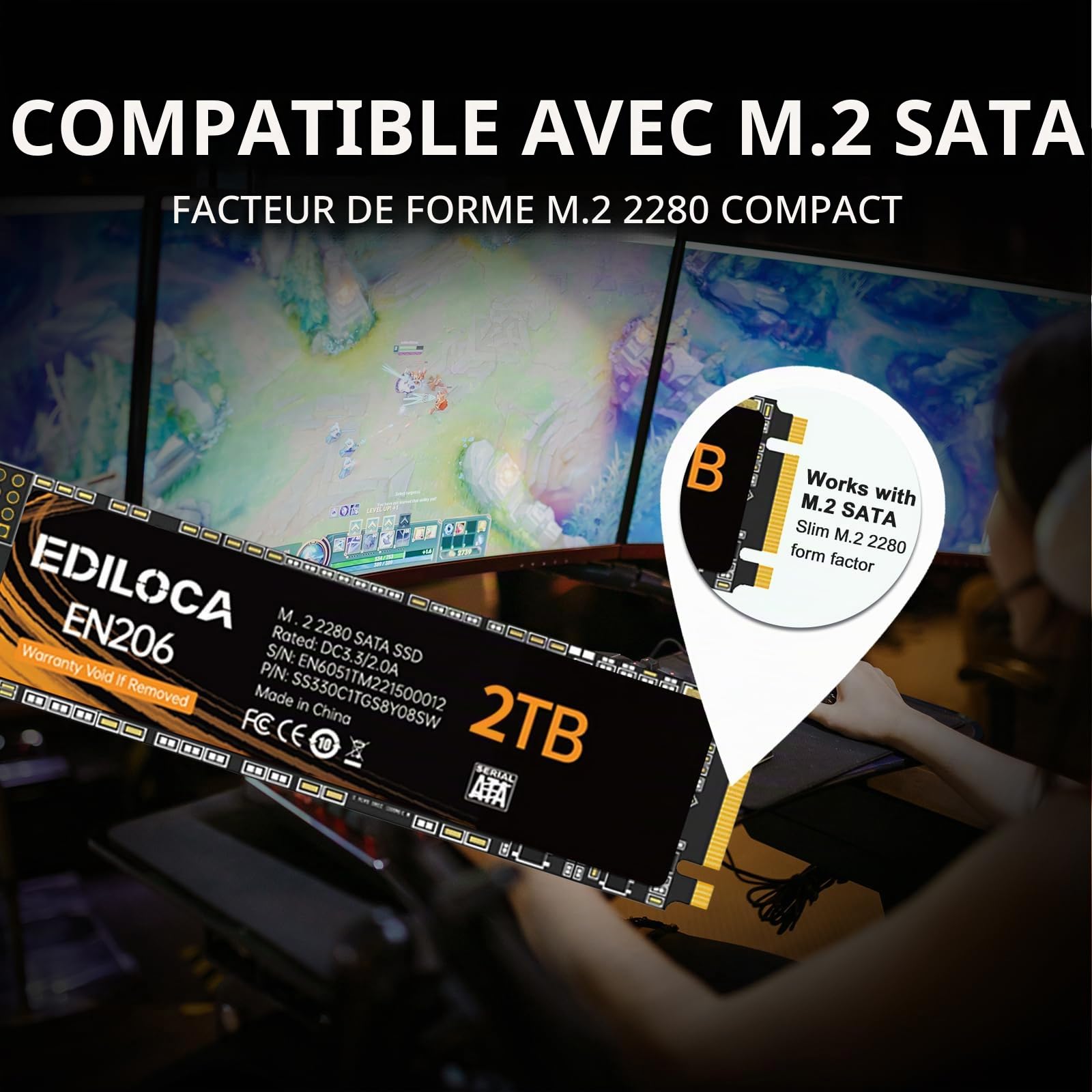 Ediloca EN206 2 to SSD M.2 SATA 3D NAND, M.2 2280 SATA III 6 GB/s SSD Disque Dur Interne, Vitesse de Lecture/écriture jusqu'à 550/480 Mo/s, Compatible avec Ultrabooks, Tablettes et Mini PC