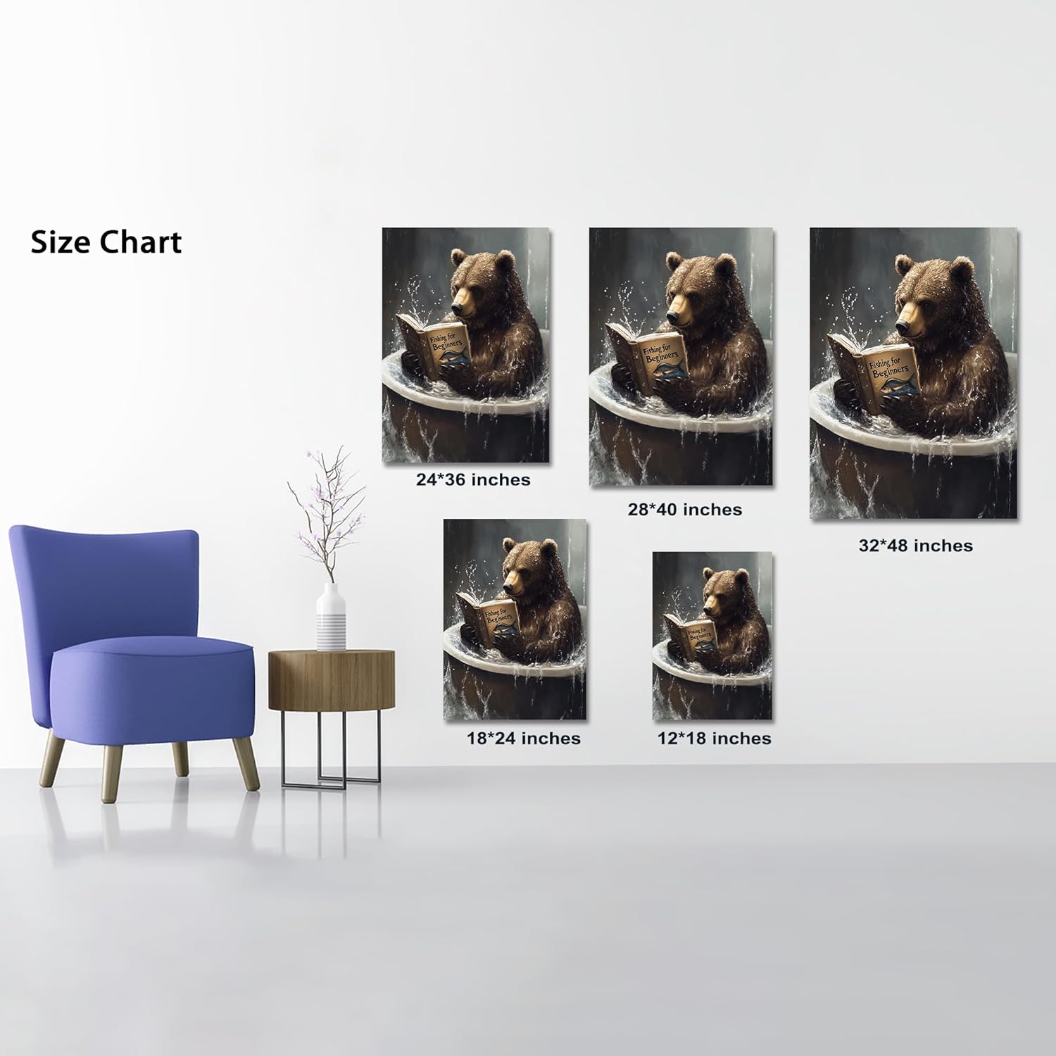 UZMKM Bear Wall Art Canvas Prints, Funny Animal Reading in Bathtub Animal Wall Art, Nature Forest Painting, Bear Bathroom Decor, Nursery Pictures, Framed Canvas Art Poster Picture 18x24 Inch