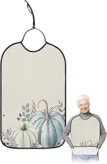 Kewadony Adult Bibs for Elderly Women - Thanksgiving Waterproof Dining Clothing Protectors with Crumb Catcher for Eating/Feeding, Blue Pumpkin Flower Leaves Fall Buralp Terry Cloth Bib Washable