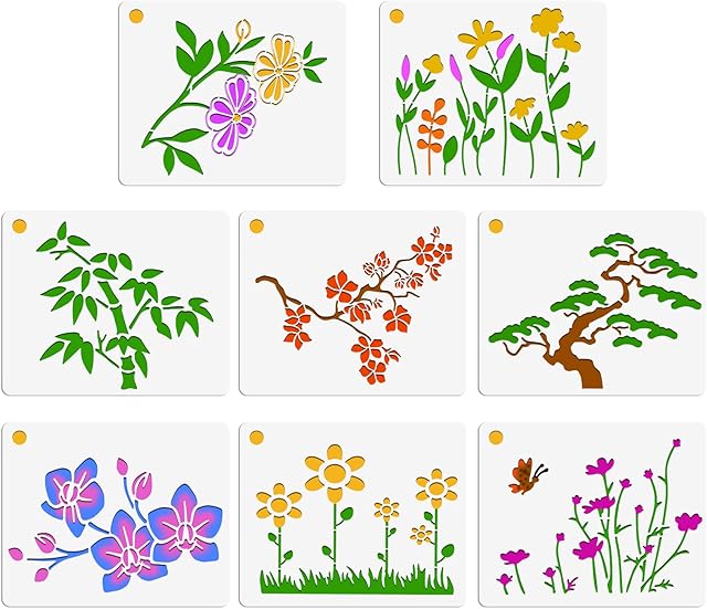 OOTSR 8 Pcs Flower Painting Stencils for Craft Reusable, Drawing Craft Stencils DIY, Stencils Templates of Flowers Pine Bamboo, for Scrapbooking Furniture Wood Floor Wall Home Decor (15x12cm)