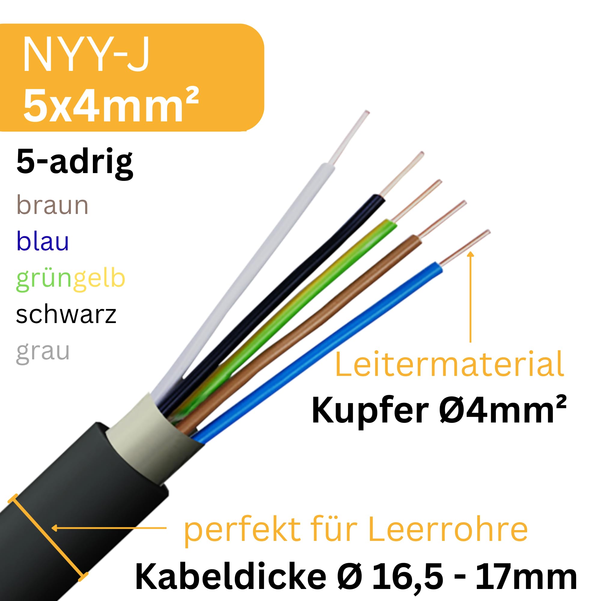 NYY-J 5x4mm² Erdkabel 25m Kupfer Volldraht DIN VDE 0276 Teil 603/627