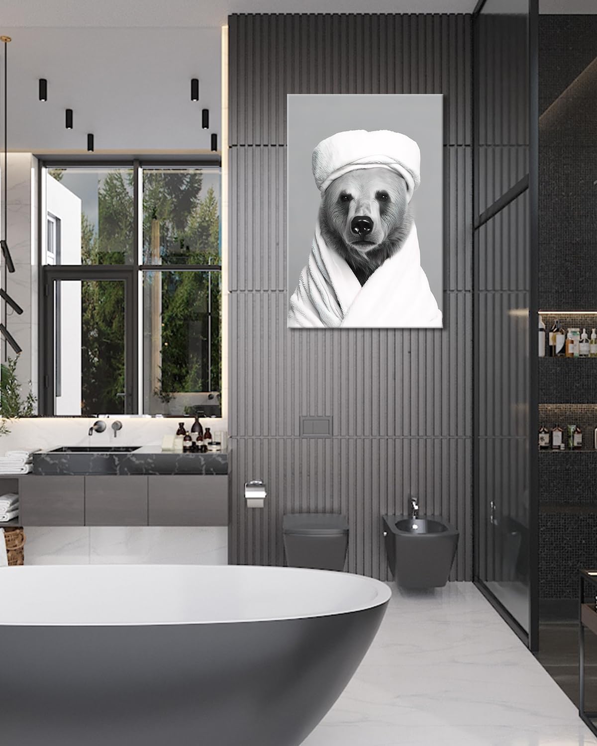 GLOKAKA Bear Bathroom Wall Art,Toliet Wall Decor,Funny Bear Wearing a Bathrobe Canvas Print Picture Painting,Cute Kids Bathroom Black and White Animal Giclee Artwork