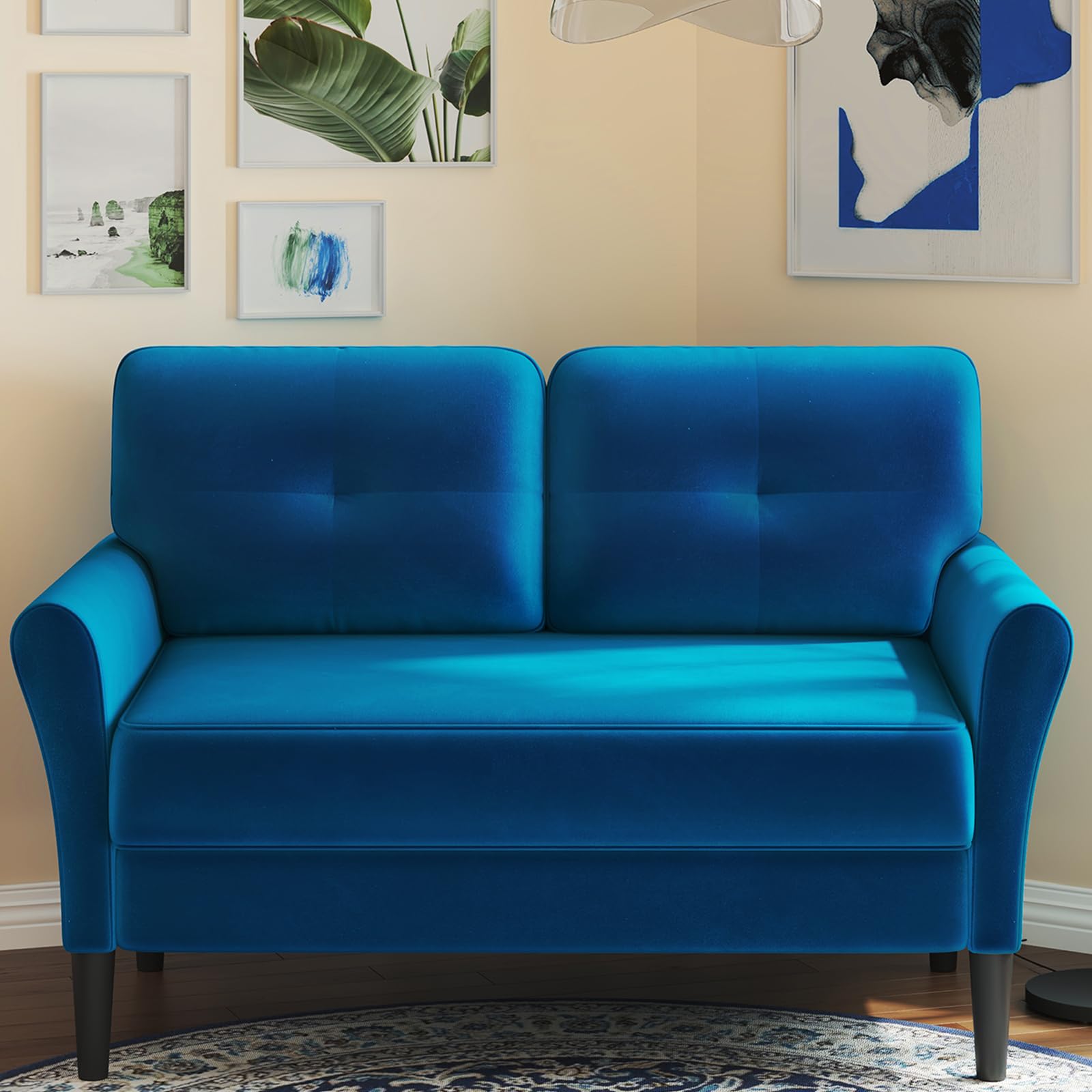 48" Loveseat Sofa, Small Couch for Bedroom, Comfy Love Seat with 21in Extra Deep Seats, 2 Seats Sofa Couch for Small Spaces, Apartment, Tool-Free Setup Mini Couch, Blue Velvet Couch