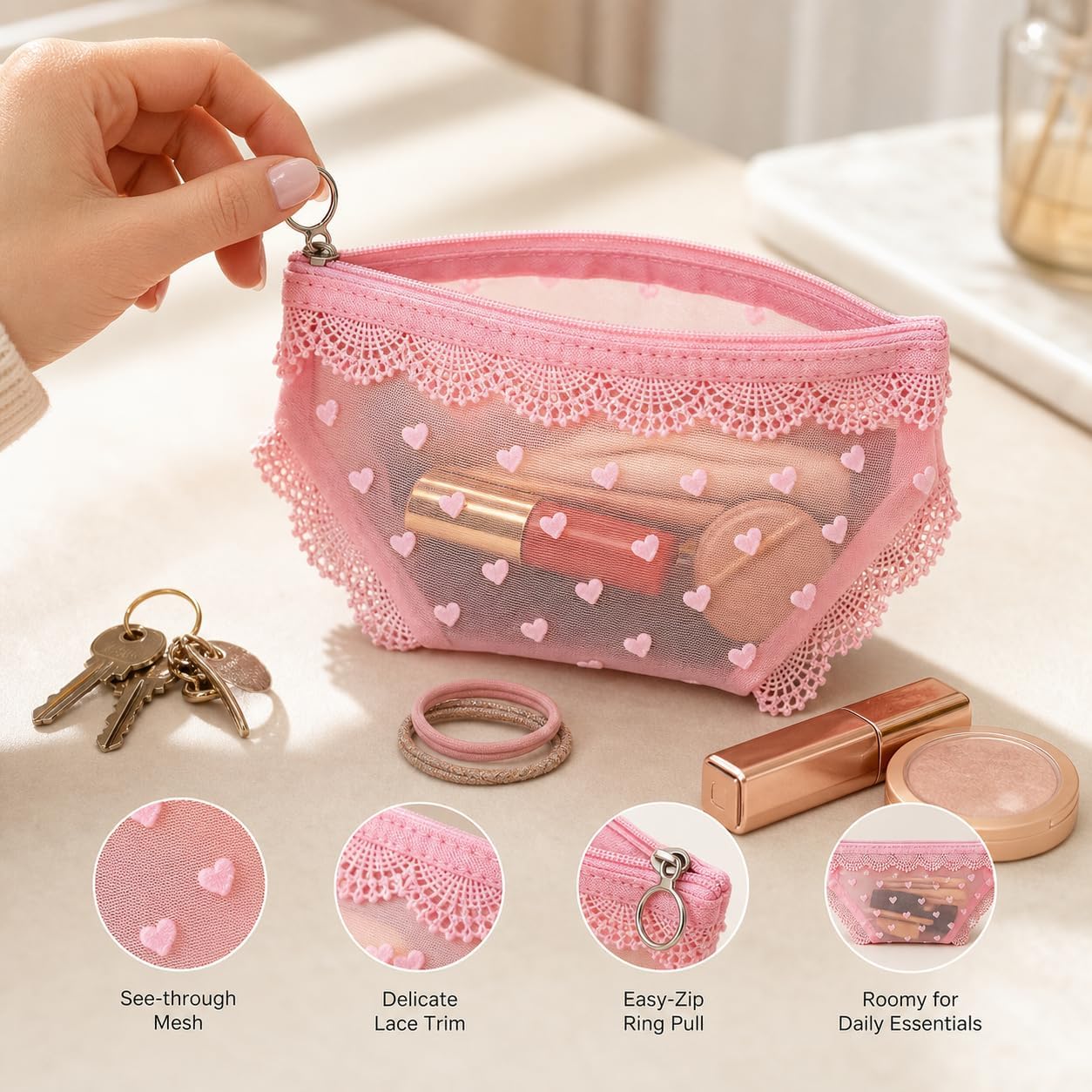 Portable Lipstick and Makeup Organizer, 2Pcs Pink and Black Semi-Transparent Mesh Travel Cosmetic Bag, Cute Shorts Style Zipper Pouch for Purse, Small Makeup Organizer Case image 5