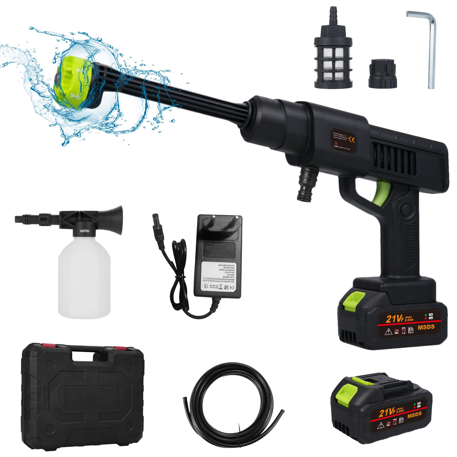 Shkalacar 21V Pistola Agua Presion Bateria, Hidrolimpiadora de Bateria con 1 O 2 Baterías, Boquilla 6 en 1 Limpiadora Portátil Cañón de Espuma, Cargador para Riego, Limpieza, Lavado de Autos