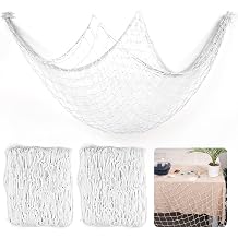 2 Pcs Fish Net Decorations, 39x78 Inch Cotton Nautical Themed Fishing Net, Wall Hanging Photo Display Fishnet for Coastal Bedroom Bathroom, Pirate Beach Under The Sea Party Decor, Bleached White