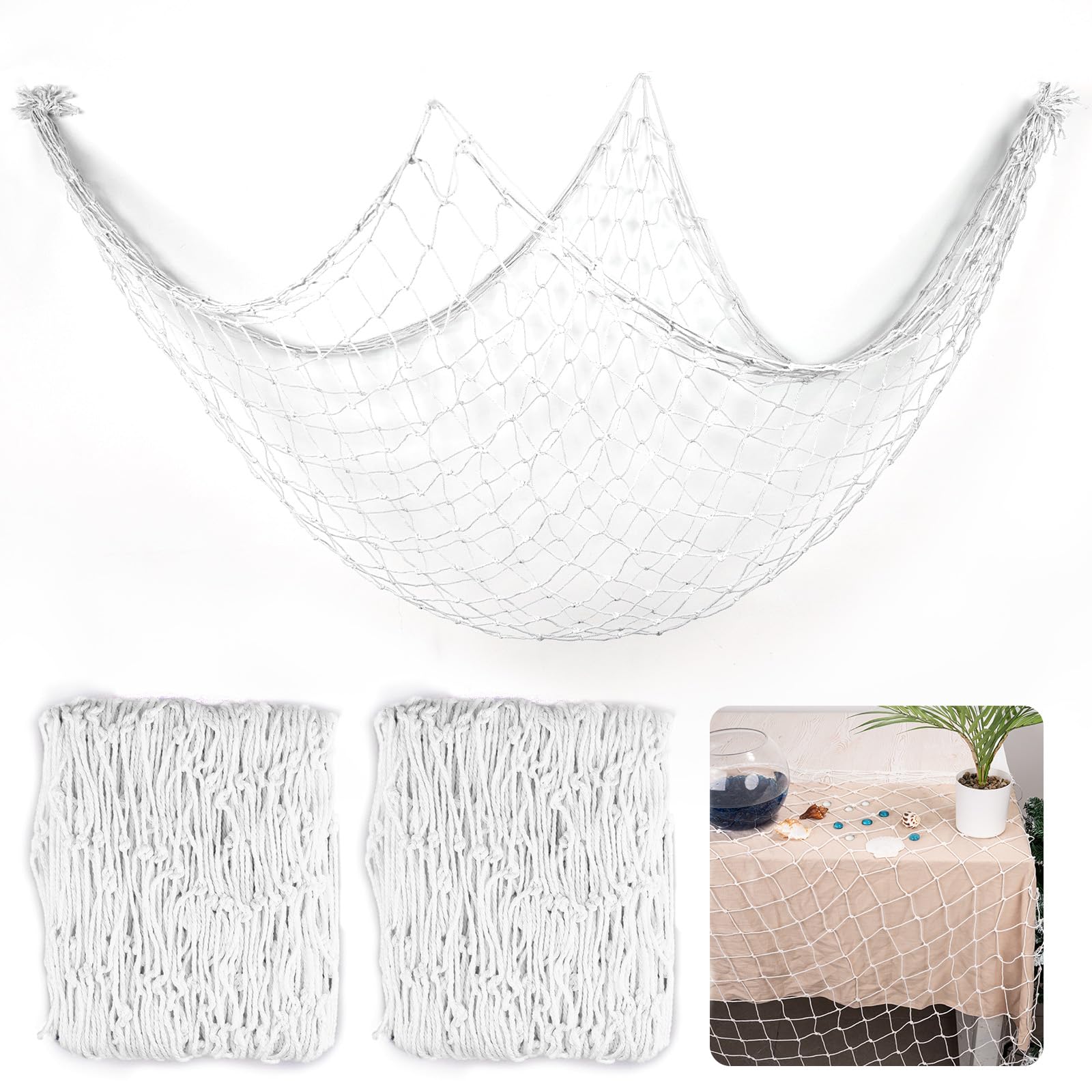 2 Pack Fish Net Decorations, 100x200CM Cotton Nautical Themed Fishing Net, Wall Hanging Photo Display Fishnet for Coastal Bedroom Bathroom, Pirate Beach Under The Sea Party Decor, Bleached White