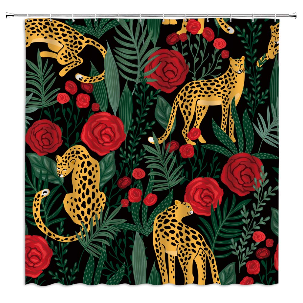 LAEDCIITI Leopard Tropical Palm Leaf Shower Curtain Rainforest Catus Rose Banana Monstera Wildlife Animal Tiger Jungle Flower Plant Bath Curtain