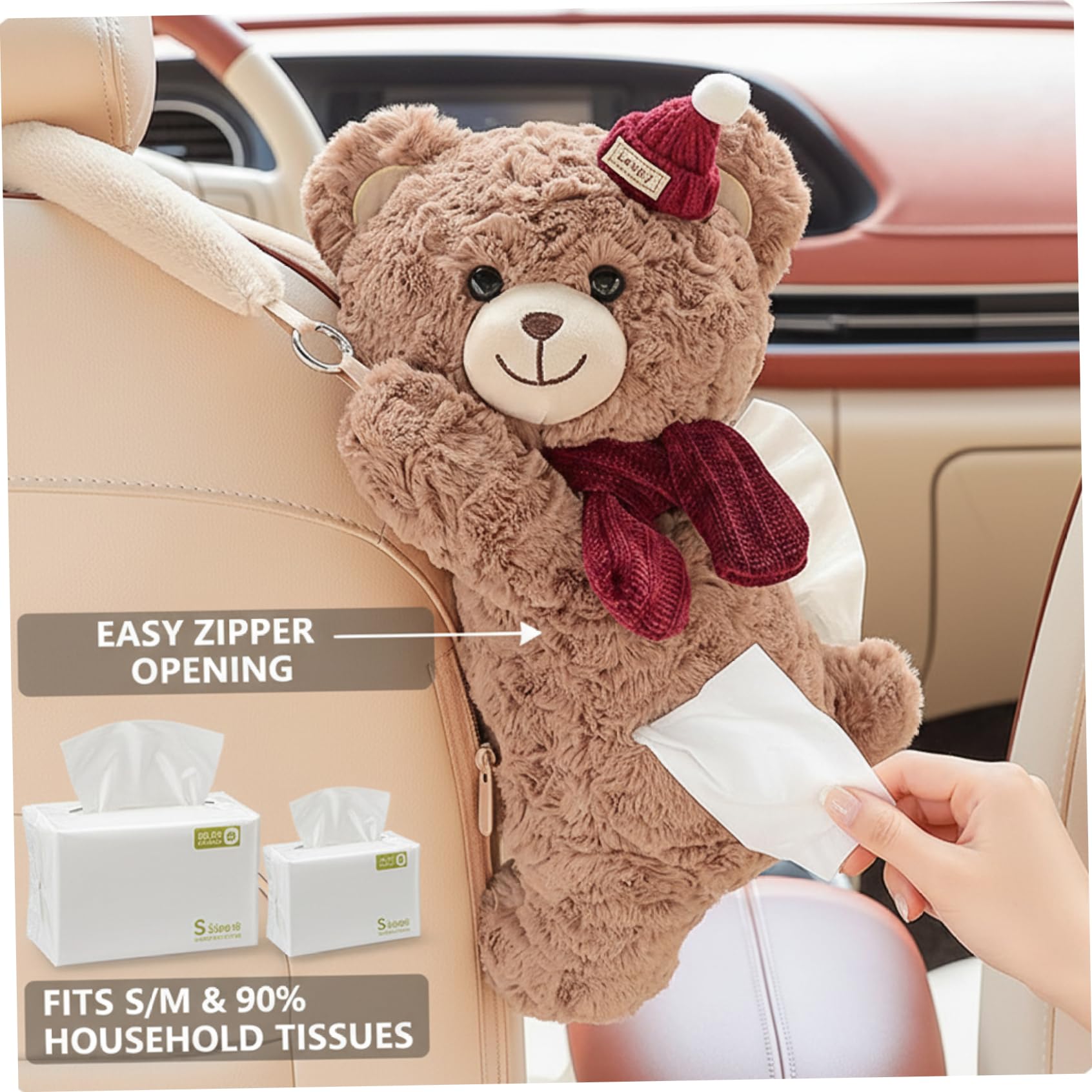 Simpatico portafazzoletti per auto con orsetto di peluche con cappello e sciarpa - Divertente dispenser per fazzoletti morbidi da appendere per la decorazione della casa dell'auto (caffè)