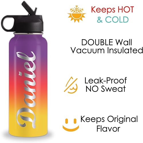 Miniatura 7 de Botella de agua personalizada con texto, botella de agua colorida de acero inoxidable al vacío personalizada de 18 onzas  32 onzas para niños,