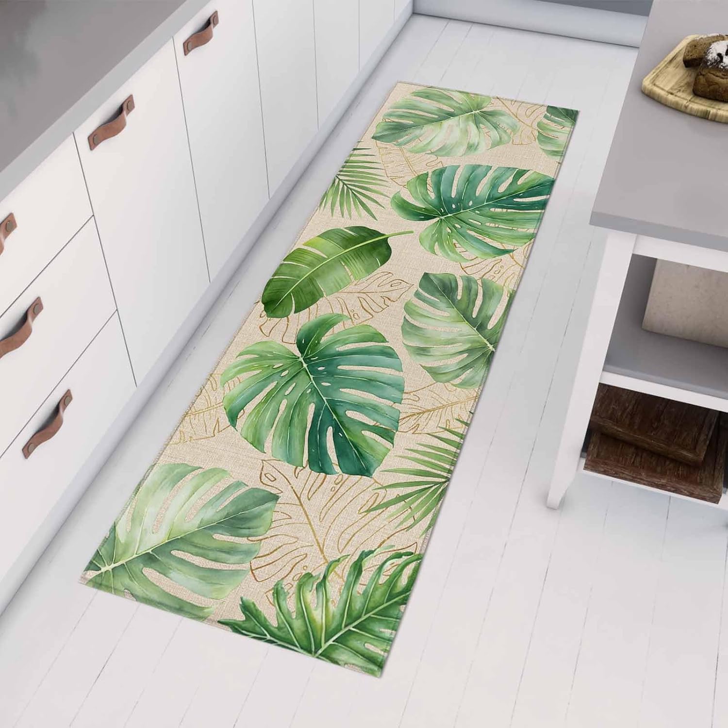 Teamery Kitchen Mats for Floor Summer Watercolor Leaves on Burlap Washable Non Slip Kitchen Rugs 1PCS, Farm Monstera Plant Absorbent Standing Mats for Sink Bathroom Office Living Room 23.6x70.9in