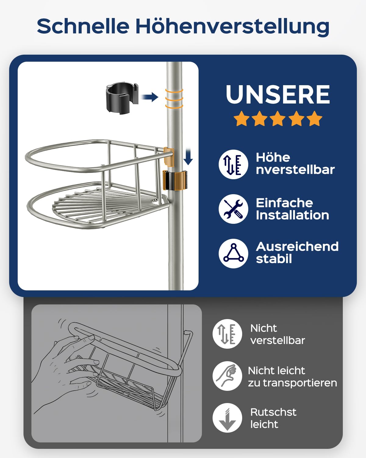 HAMITOR Mensola telescopica per doccia senza foratura: 4 livelli in metallo, antiscivolo e stabile, organizer da bagno per shampoo, sapone e gel doccia, regolabile da 121 a 314 cm, argento