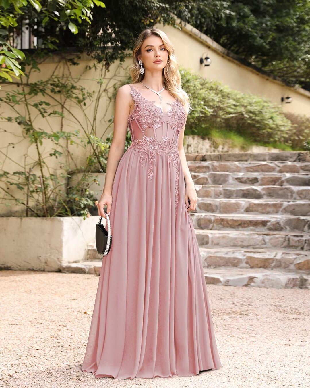 Misshow Luxuriöses Abendkleid für Zeremonie, lang, Pailletten, Perlen, mit Applikationen aus floralem Chiffon, Rosa, 42