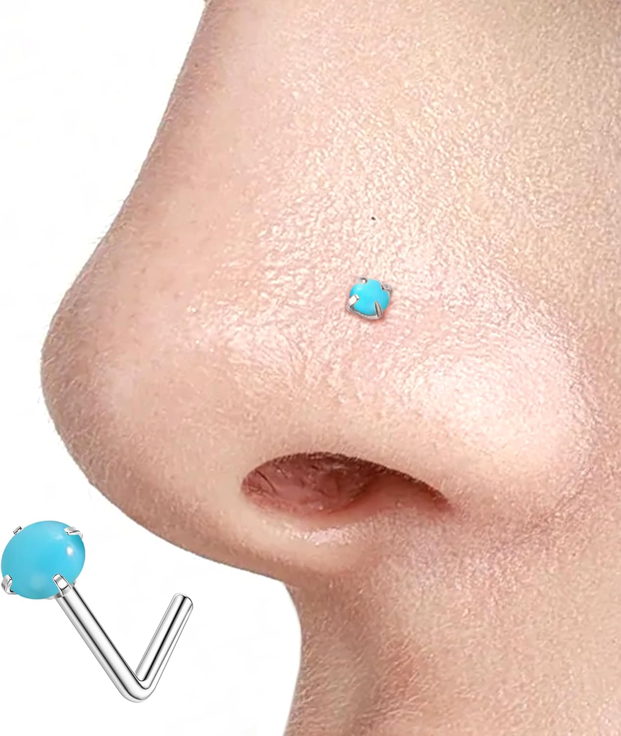 Turquoise Nose Rings Studs for Women Men 20G L Shaped Nose Studs Hypoallergenic Surgical Steel Nose rings Labret Lip Nose Piercing Jewelry