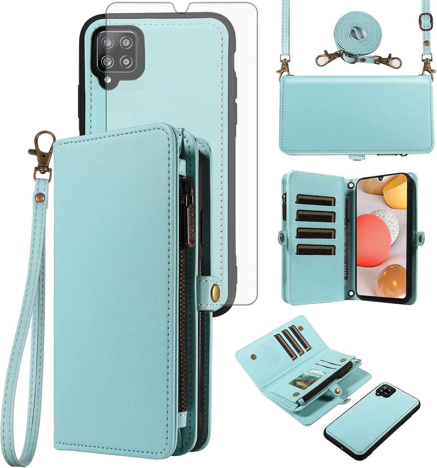 Asuwish Phone Case for Samsung Galaxy A42 5G Zipper Wallet Detachable Cover with Tempered Glass Screen Protector Crossbody Lanyard Strap Flip Card Holder Slot M42 A 42 G5 42A S42 4G 2021 Green