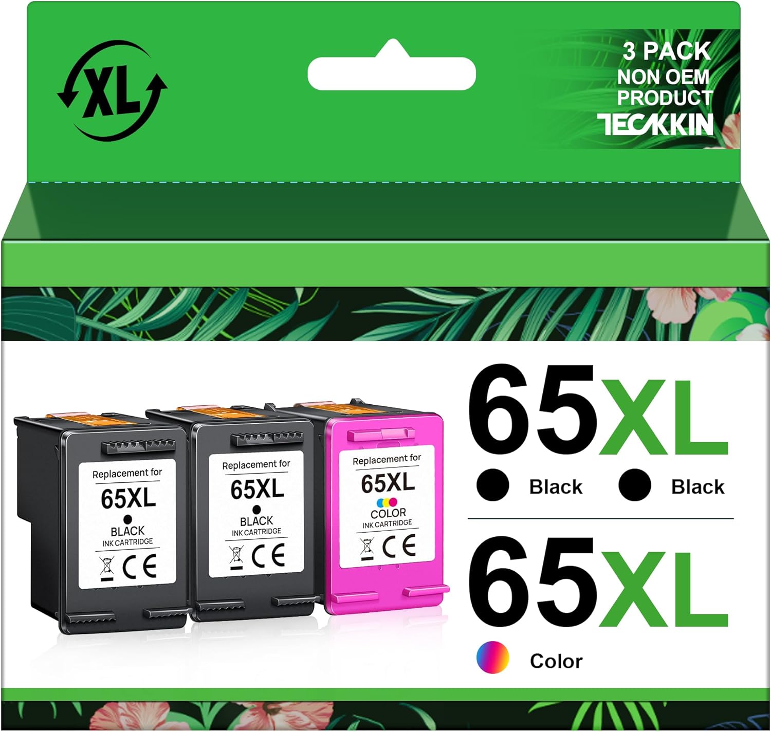 TECKKIN 65XL Ink Cartridges Black/Color Combo Pack (3 Pack) Replacement for Ink 65 65XL for DeskJet 3755 3772 3700 3752 3722 2600 2622 2652 Envy 5055 5000 5070 5014 5052 Printer (2 Black, 1 Color)