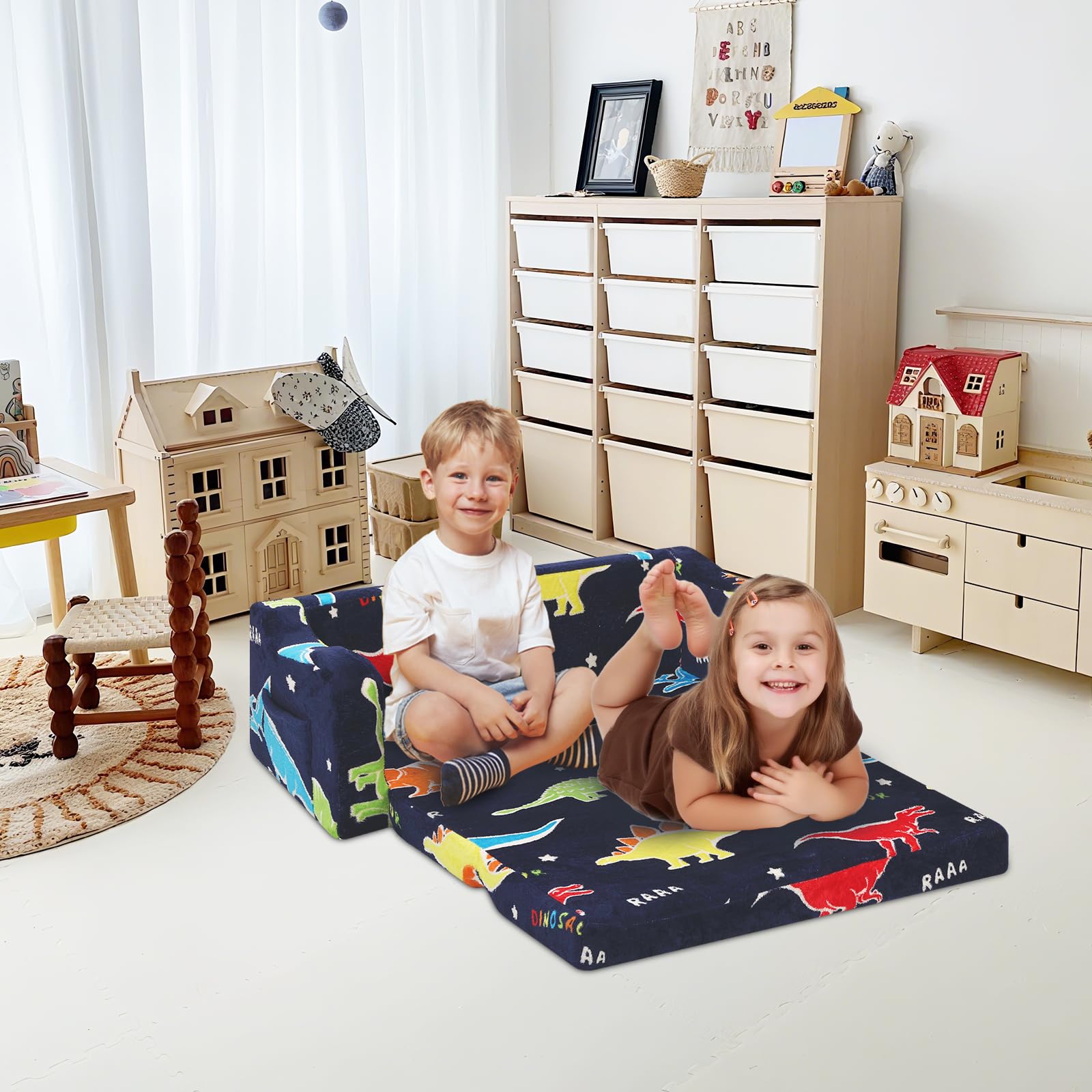 Canapé Enfants Convertible Sofa Bed 2 en 1, Pliant Fauteuil Enfant 2 Places pour Filles et Garçons, Briller dans Le Noir Canapé Lit pour Chambre Coin Lecture Salon,Dinosaurus