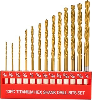 13pcs HSS Drill Bit Set, Titanium Coating High Speed Steel Drill Bit Set (1/16"-1/4") for Sheet Metal, Wood, Plastic, Quick Change Design