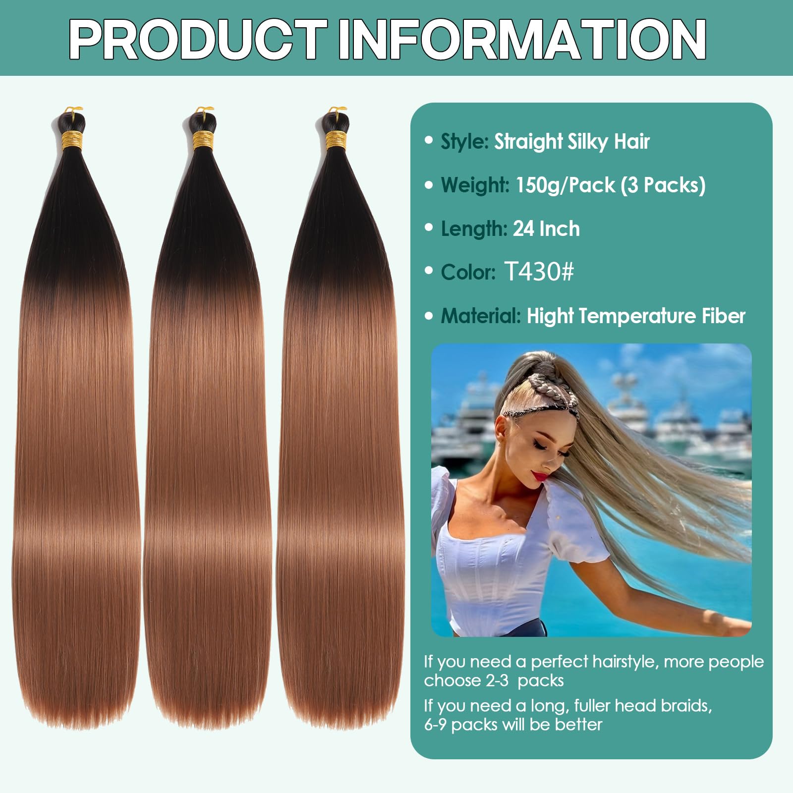 Locescsoc 24 Inch Bone Straight Braiding Hair 150g 3 Packs Straight Hair Extensions, Ariel Straight Hair Bundles - Image 2