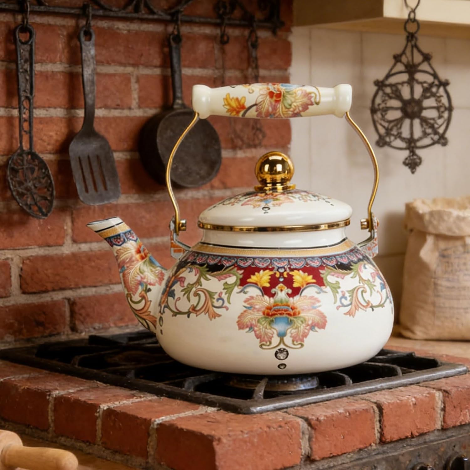 Enamel Teapot Stove Top Cute, 2.6 QT Vintage Floral Tea Kettle Stovetop with Heat-Resistant Ergonomic Ceramic Handle Suitable for All Heat Sources