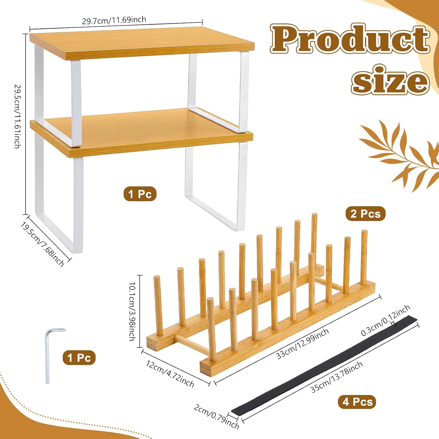 4PCS Kitchen Organizer Accessories Set 2 Cabinet Organizer Shelf 2 Bamboo Dish Drying Plate Rack Counter Shelves Storage Holder for Spice Rack Dish Pot Lid Bowl Cup