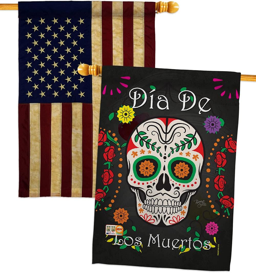 Breeze Decor Dia de Los Muertos House Flag Pack Fall Day of Dead Fiesta Mexican Party Autumntime Vintage Applique Decoration Banner Small Garden Yard Gift Double-Sided, Thick Fabric, Made in USA