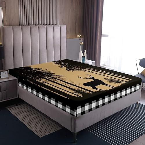 Miniatura 9 de Erosebridal Sábana bajera ajustable para campamento para niños, diseño de oso de ciervo, juego de sábanas de retazos a cuadros rústicos de búfalo