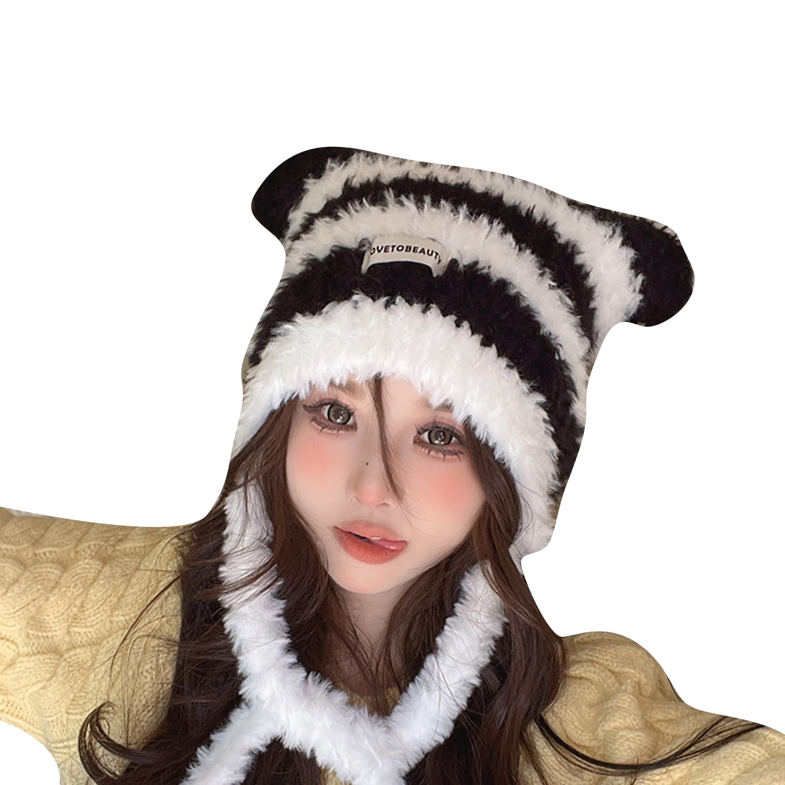 Women Plush Cat Ear Muff Hat for Skiing Hiking Size Lady Windproof with Braid Ear Flaps Black and White