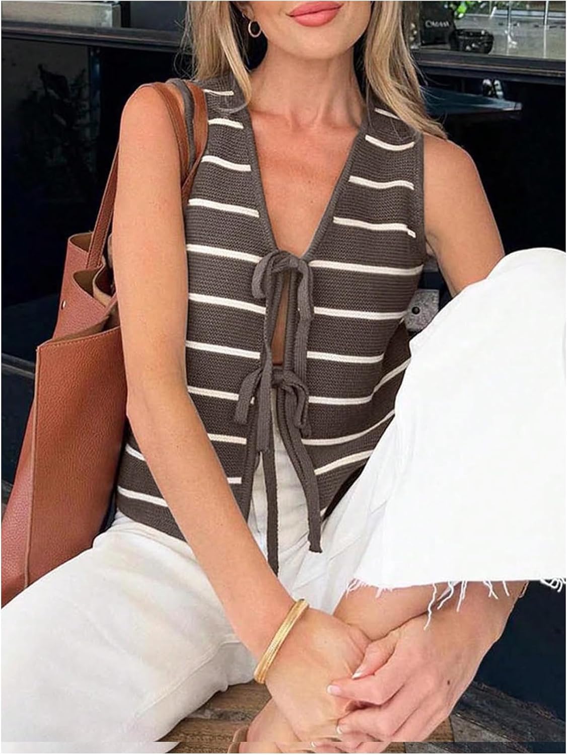 SOLY HUX Women's Sleeveless Striped Sweater Vest V Neck Tie Bow Crochet Knit Tank Tops Casual Loose Cardigan - Image 3