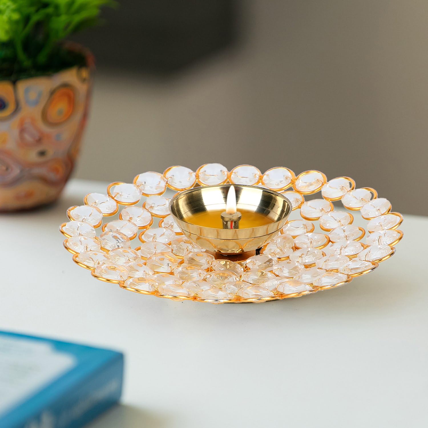Zap Impex Handmade Brass Akhand Diya Oil Lamp with Sparkling Crystal Accents for Home Office Puja Decoration Diwali Decoration (Round Large) - Image 2