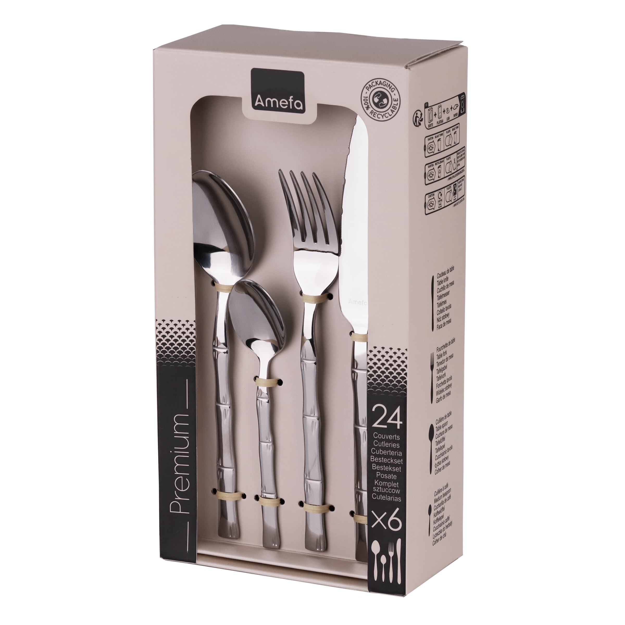 AMEFA Karma - Couverts de table, ménagère 24 pièces pour 6 personnes, Acier inoxydable 18/0, Fourchettes, Couteaux, Cuillères table et Cuillères à café - Finition Brillante - Couverts ino