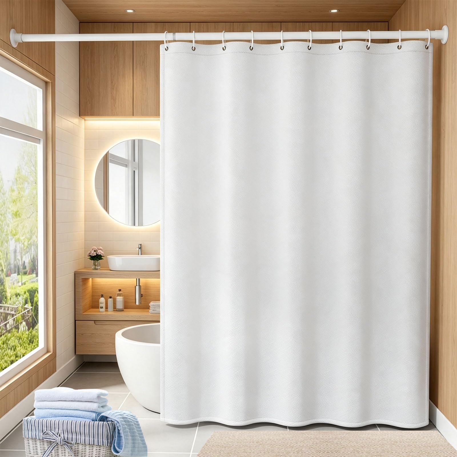 Liunadm White Shower Curtains 115 X 180 Cm Mould Proof Resistant, Washable Bathroom Curtains With Hooks, Weighted Hem For Bathroom,