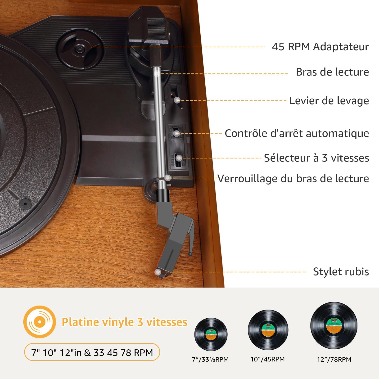 Platine Vinyle 9 en 1 avec Bluetooth, Radio AM/FM, Lecteur CD et Cassette, Lecture USB, Télécommande, Haut Parleurs Intégrés, Tourne Disque Vintage