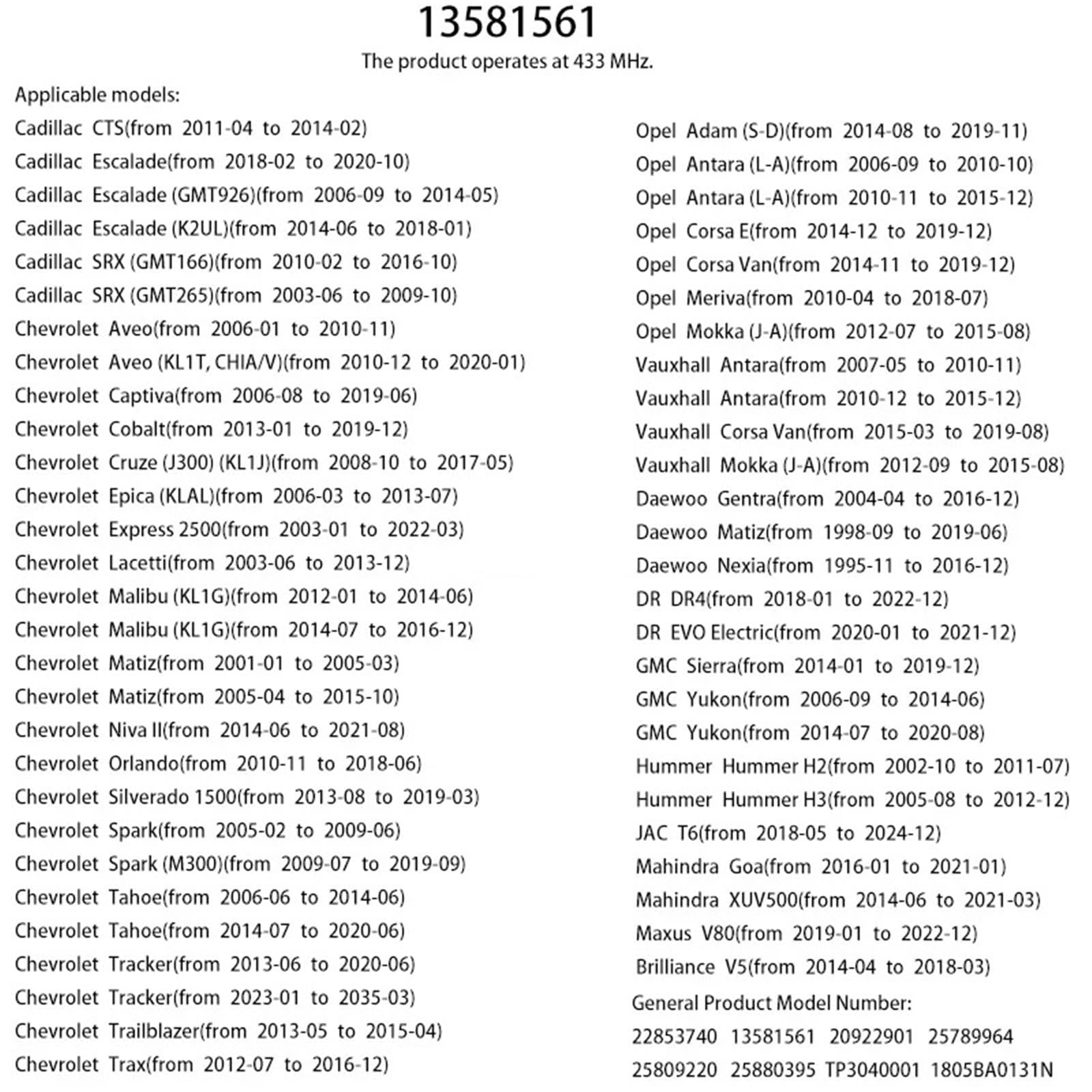 Genérico Sensor De Neumáticos 4 Uds 433MHZ 13581561 Sensor de presión neumáticos para Opel Adam Antara Corsa Meriva Mokka 20922901 22853740 Reemplazar
